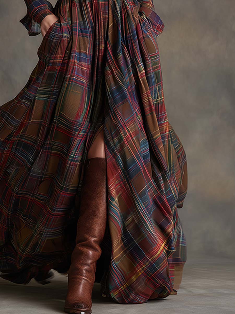 Plaid Long Sleeve Maxi Dress — Shirt Collar Button-Down 3