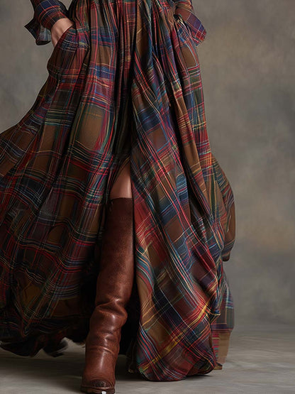 Plaid Long Sleeve Maxi Dress — Shirt Collar Button-Down 3