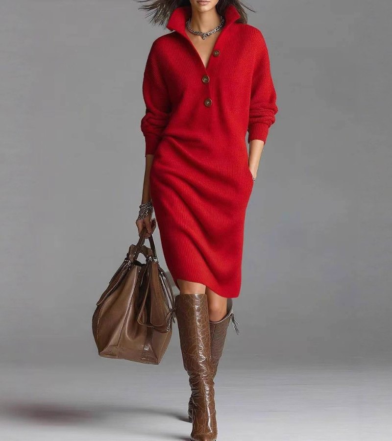 Knit Midi Sweater Dress Women — Long Sleeve Winter Dress 3
