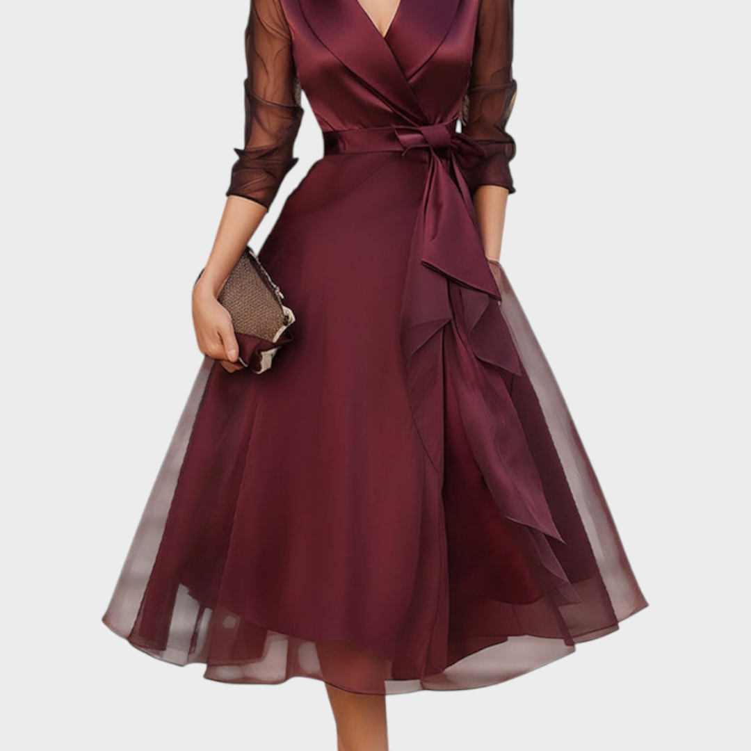 Burgundy Cocktail Midi Dress — Wrap Style with Belt & Collar 5
