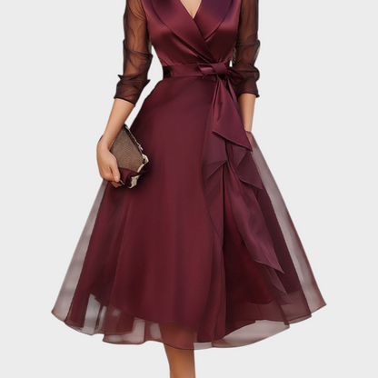 Burgundy Cocktail Midi Dress — Wrap Style with Belt & Collar 5