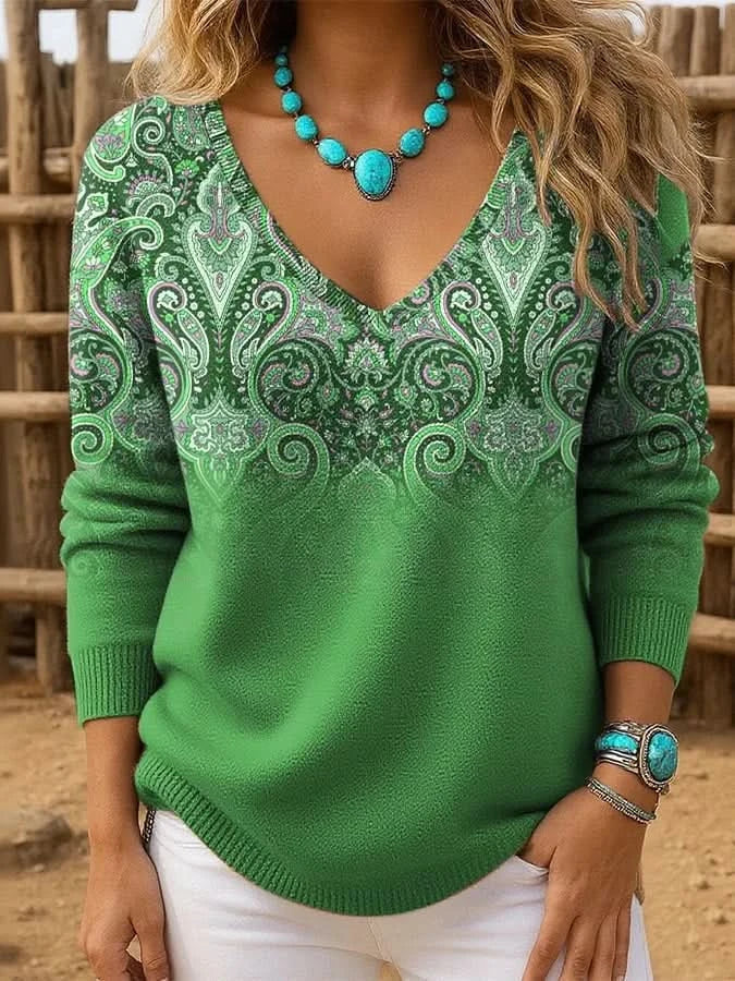 Damen Pullover V-Ausschnitt mit Paisleymuster & Farbverlauf 4