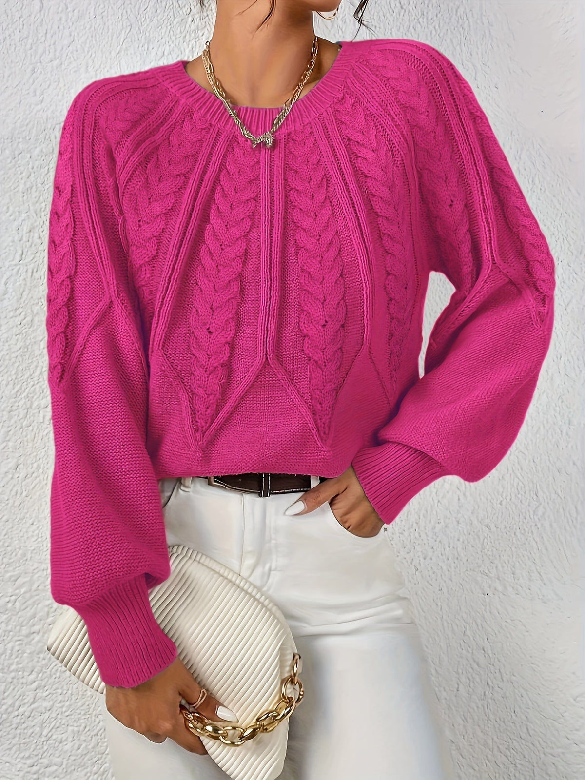 Women's Cable Knit Jumper with Balloon Sleeves — 11 Colors 14