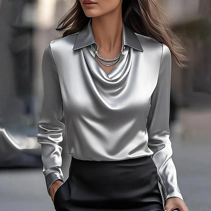 Merlina Satin Blouse Women — Draped Neckline Elegant Long Sleeve 3