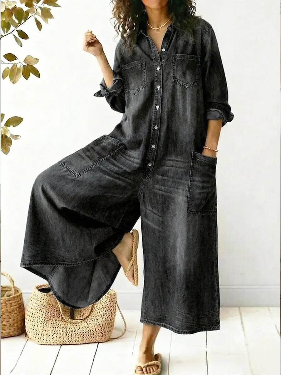 Women's Denim Jumpsuit Long Sleeve — Wide Leg Button-Front Overall 3