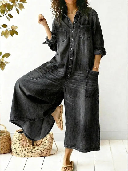 Women's Denim Jumpsuit Long Sleeve — Wide Leg Button-Front Overall 3