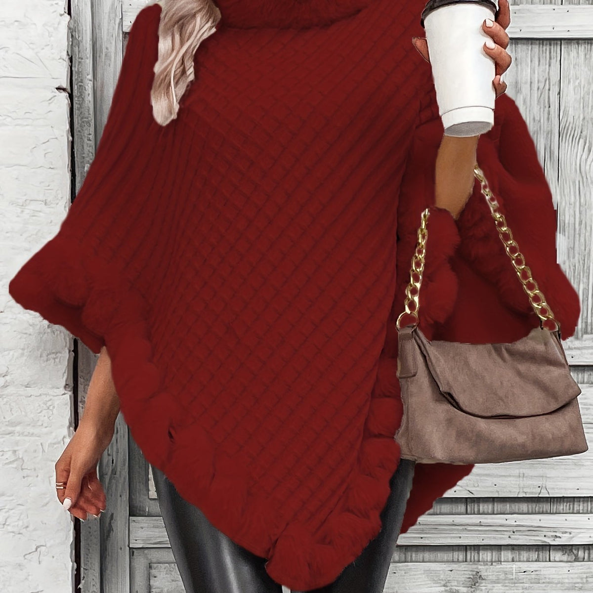 Women's Faux Fur Trim Poncho — Oversized Turtleneck Batwing Knit 15