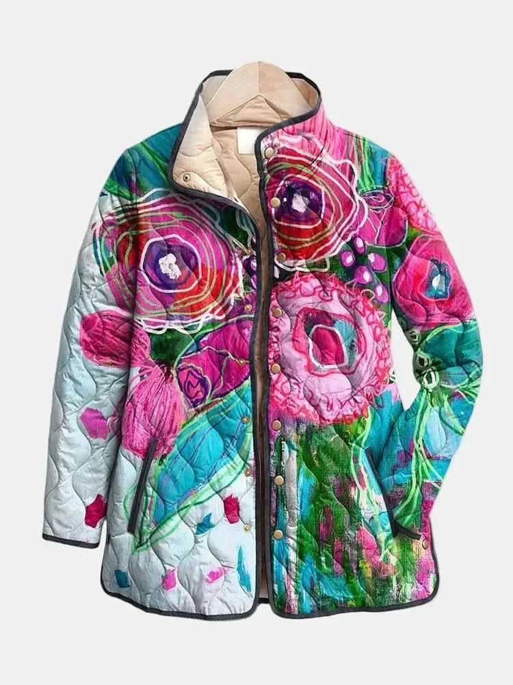 Quilted Floral Women's Jacket — Stand Collar & Zip Pockets 3
