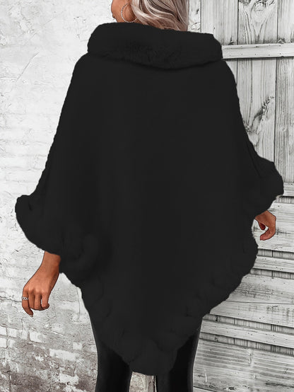 Women's Faux Fur Trim Poncho — Oversized Turtleneck Batwing Knit 10