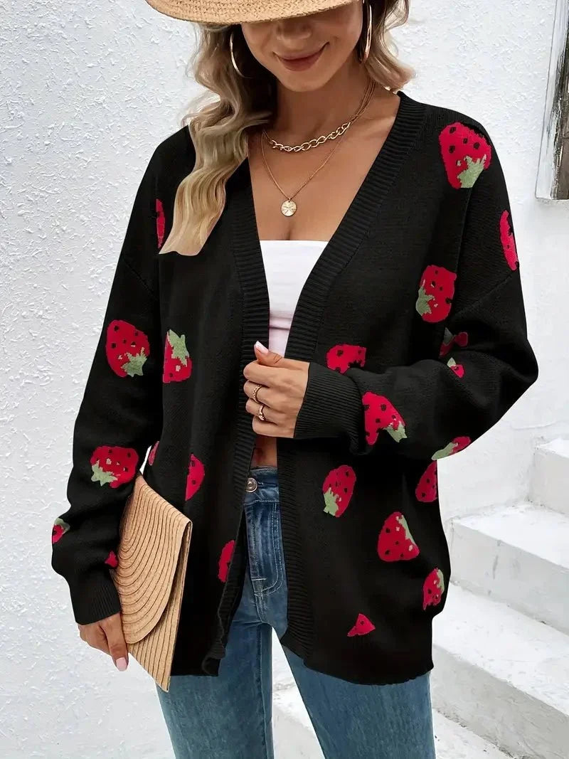 Women's Strawberry Knit Cardigan — Oversized Button Front 9