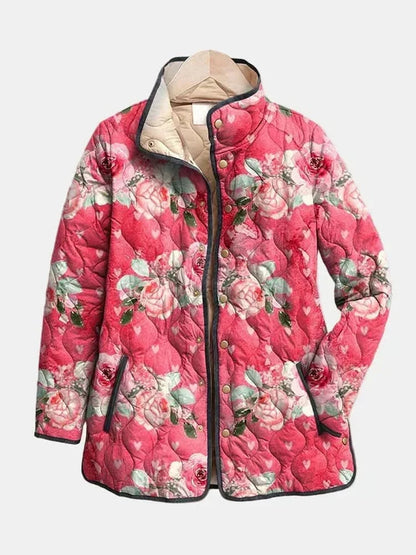 Quilted Floral Women's Jacket — Stand Collar & Zip Pockets 4