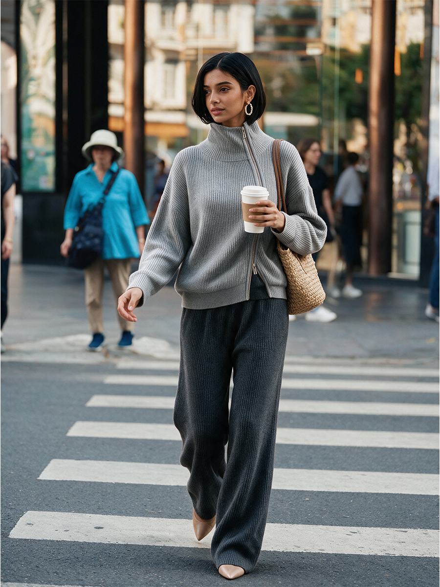 Women's Grey Oversized Rib Knit Sweater Diagonal Zip Funnel Neck 2