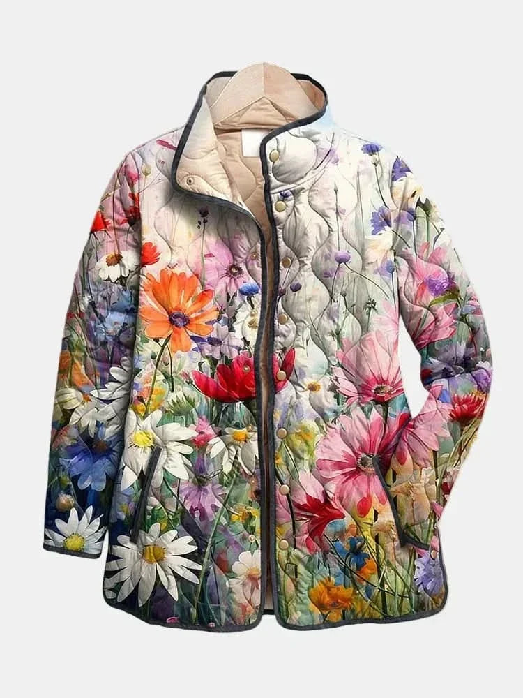 Quilted Floral Women's Jacket — Stand Collar & Zip Pockets 1