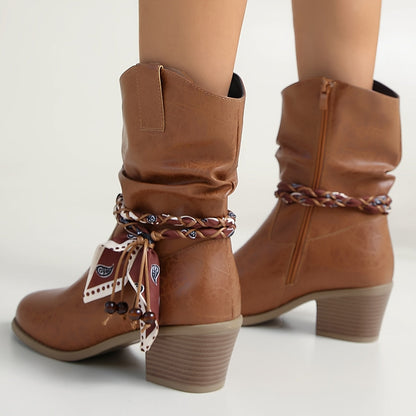 Women's Slouch Ankle Boots — Braided Strap & Block Heel 2
