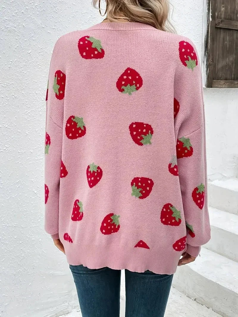 Women's Strawberry Knit Cardigan — Oversized Button Front 5
