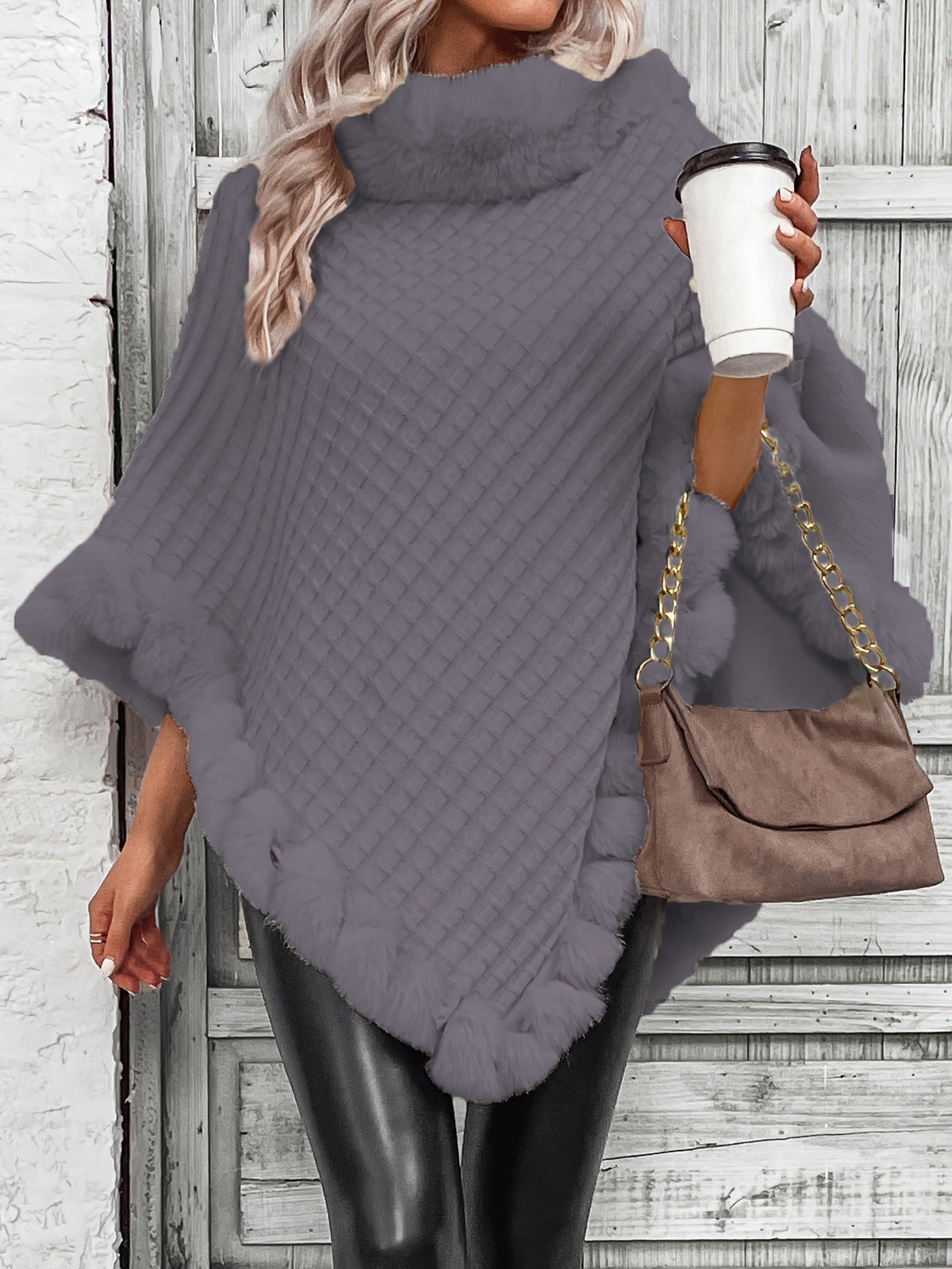 Women's Faux Fur Trim Poncho — Oversized Turtleneck Batwing Knit 2