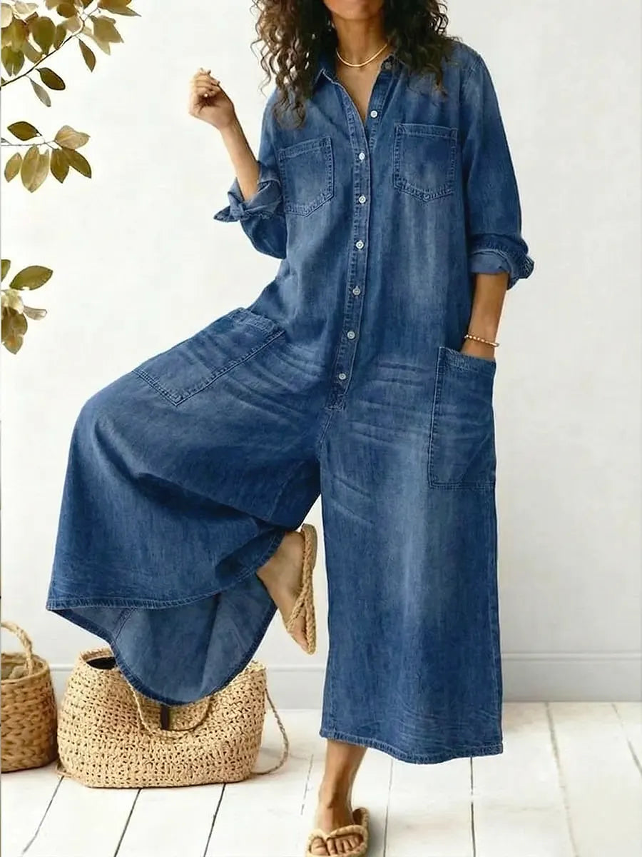 Women's Denim Jumpsuit Long Sleeve — Wide Leg Button-Front Overall 1