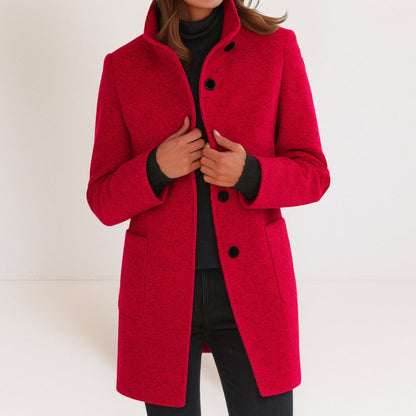 Elegant Wool-Blend Women's Coat — Stand-Up Collar Straight Cut 7