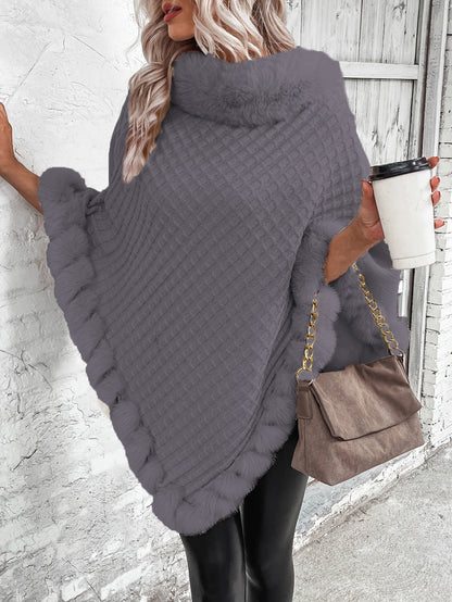 Women's Faux Fur Trim Poncho — Oversized Turtleneck Batwing Knit 7