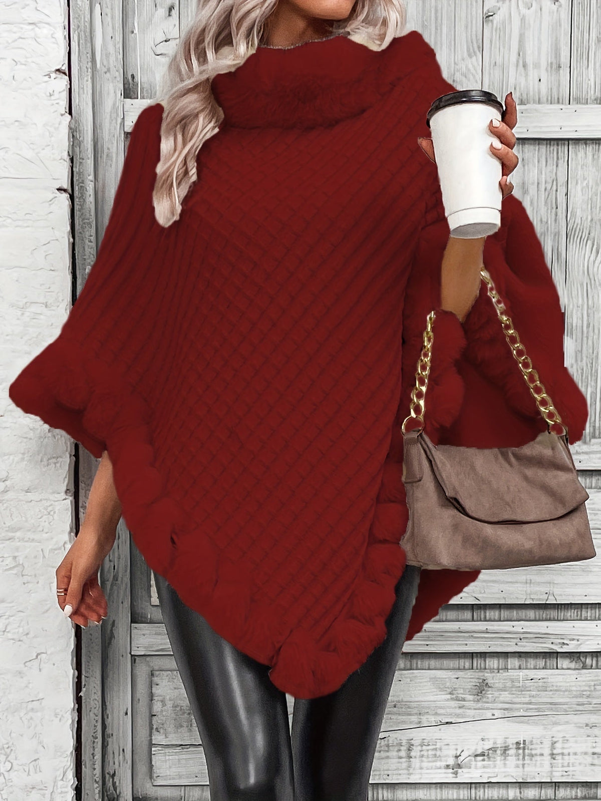 Women's Faux Fur Trim Poncho — Oversized Turtleneck Batwing Knit 4