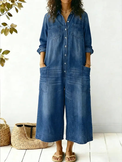 Women's Denim Jumpsuit Long Sleeve — Wide Leg Button-Front Overall 2