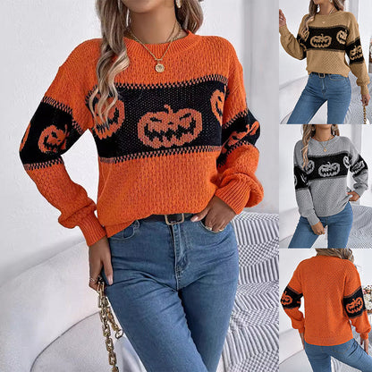 Women's Halloween Knit Sweater — Pumpkin Motif Crew Neck 7