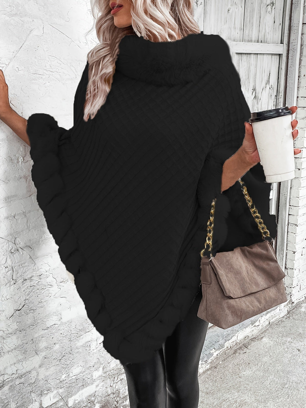Women's Faux Fur Trim Poncho — Oversized Turtleneck Batwing Knit 6