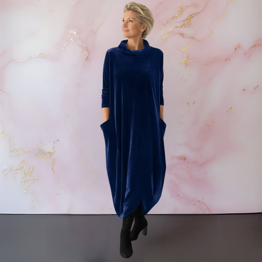Velvet Maxi Dress Women — Elegant with Stand Collar & Pockets 2