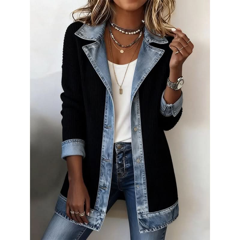 Women's Long Ribbed Cardigan — Denim Collar & Cuffs Detail 1