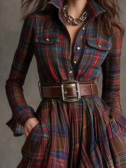 Plaid Long Sleeve Maxi Dress — Shirt Collar Button-Down 2