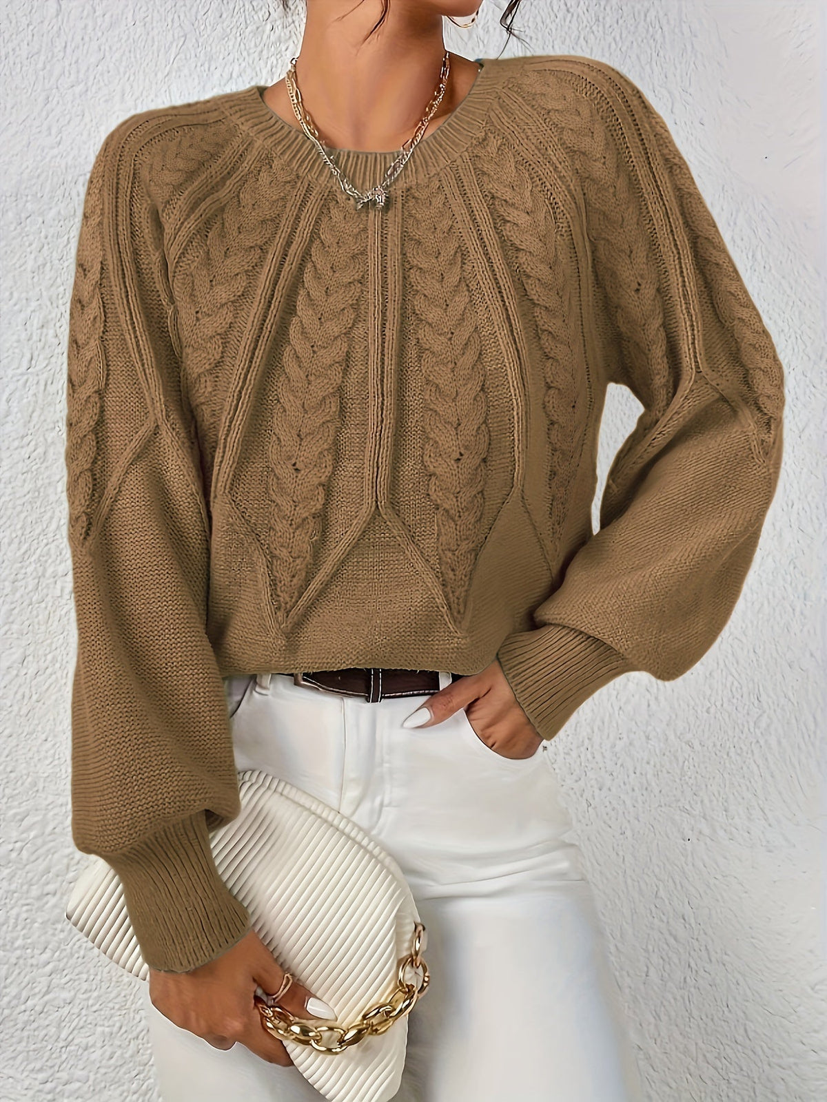 Women's Cable Knit Jumper with Balloon Sleeves — 11 Colors 21