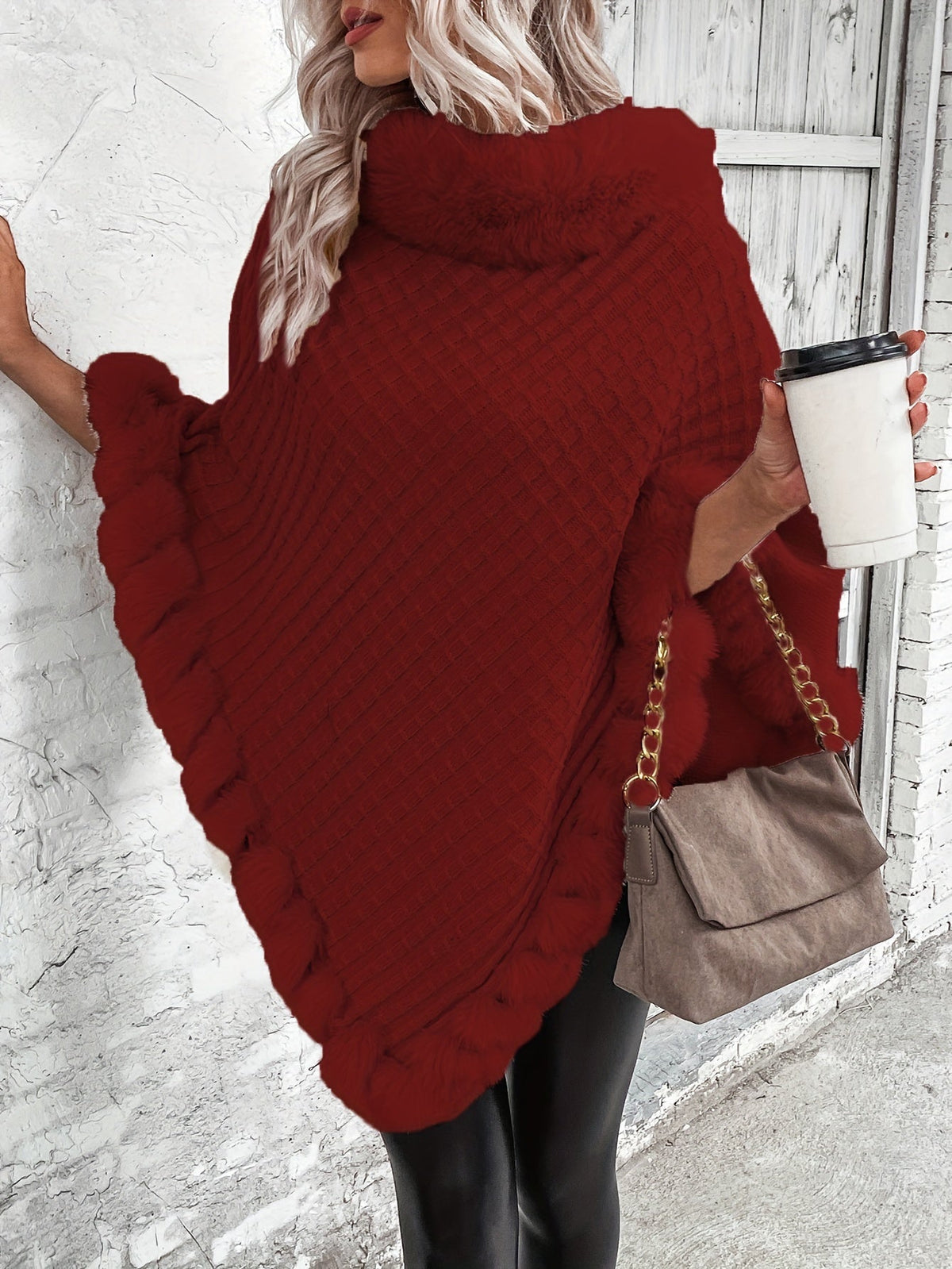 Women's Faux Fur Trim Poncho — Oversized Turtleneck Batwing Knit 9