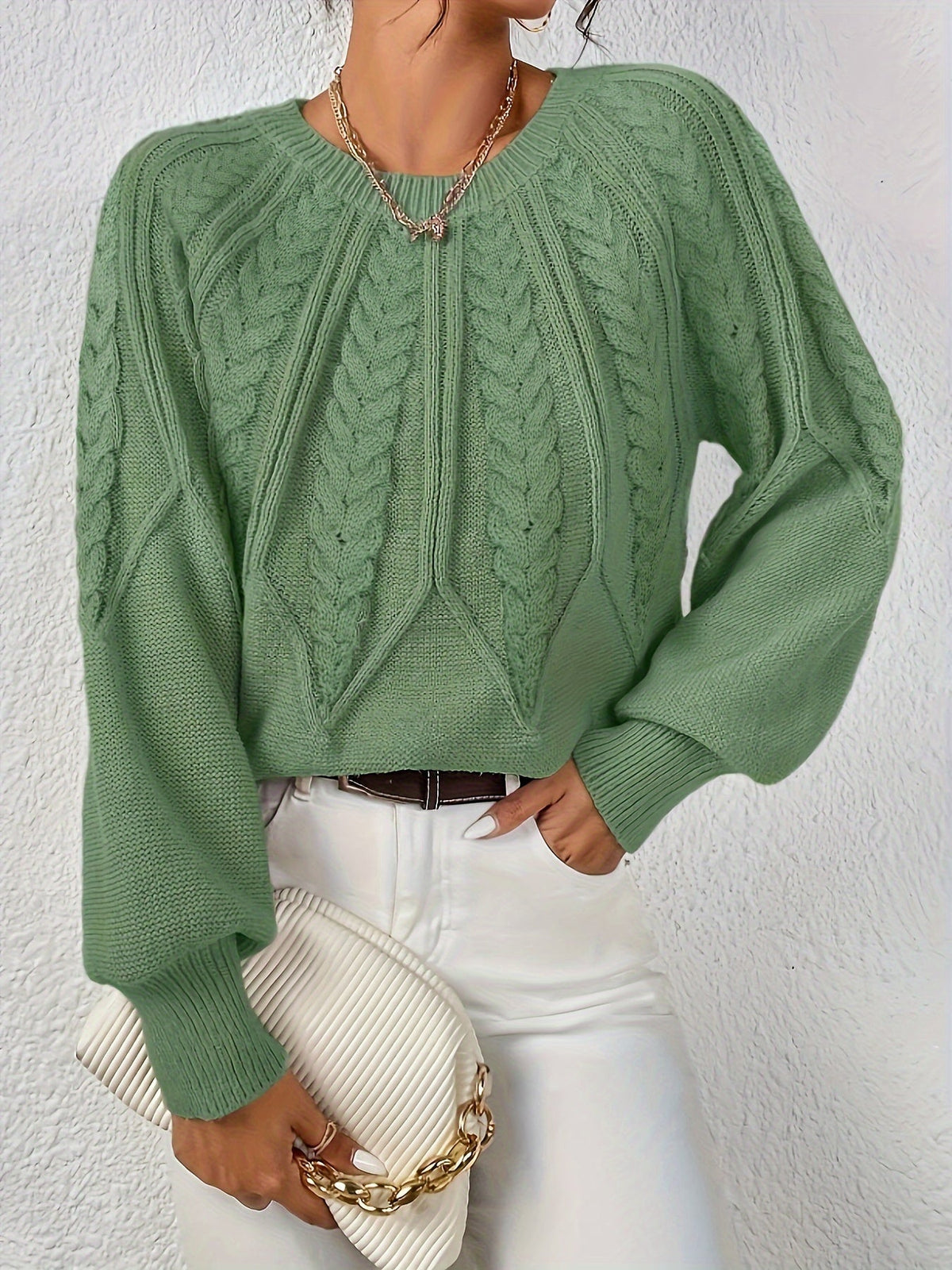 Women's Cable Knit Jumper with Balloon Sleeves — 11 Colors 17