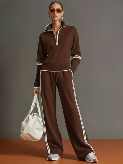 Women's Half-Zip Lounge Set – Soft Stretch Wide Leg Outfit 1