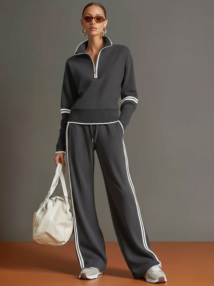 Women's Half-Zip Lounge Set – Soft Stretch Wide Leg Outfit 5
