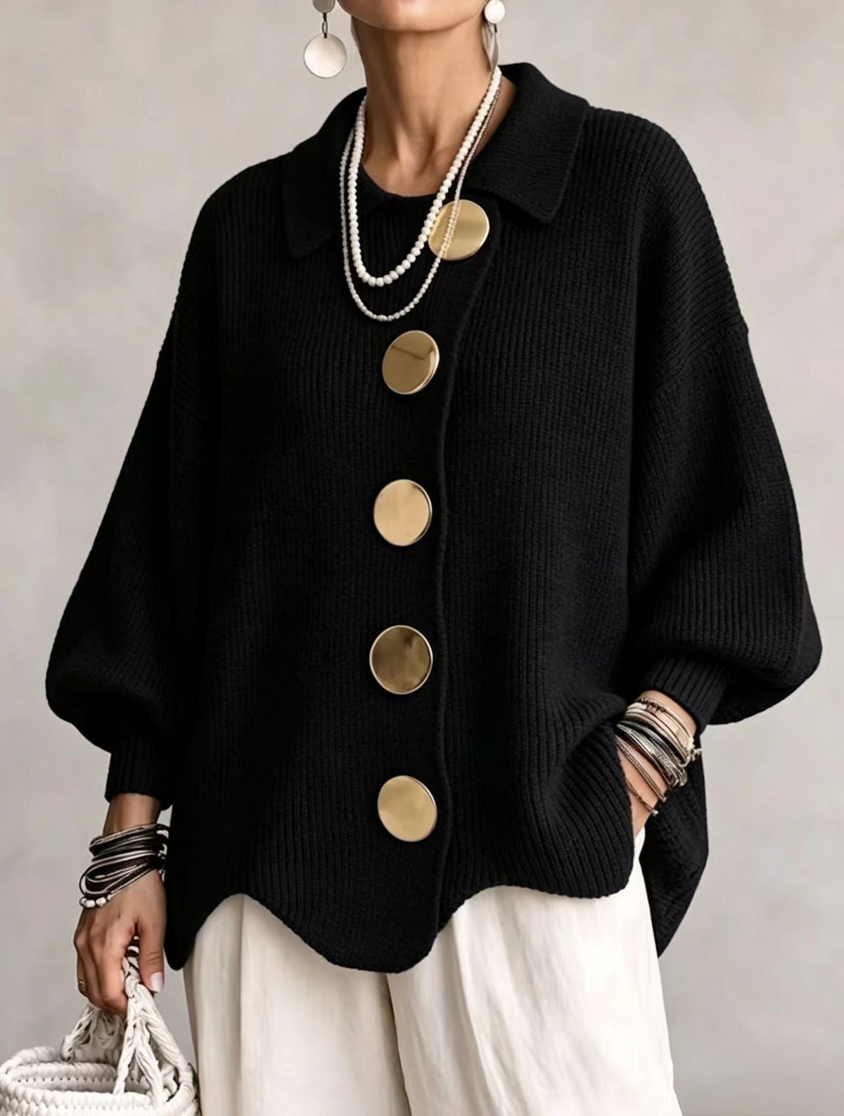 Kaelinae Oversized Cardigan Women — Heavyweight Knit Gold Buttons 14