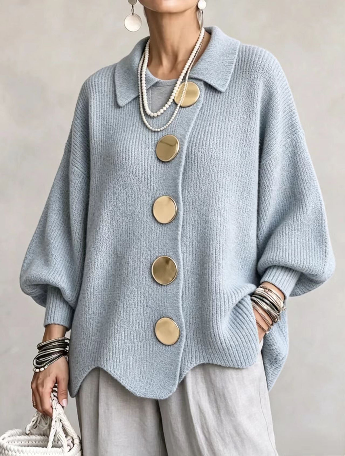 Kaelinae Oversized Cardigan Women — Heavyweight Knit Gold Buttons 12