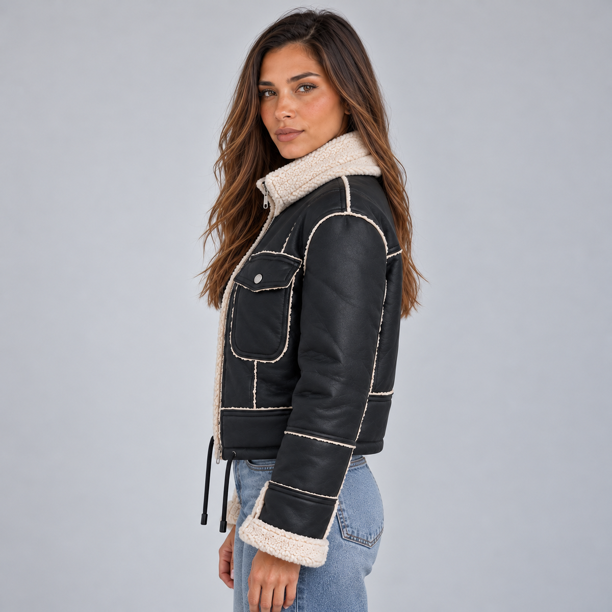 Women's Aviator Jacket — Faux Shearling Collar Full Zip 2