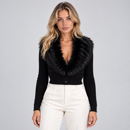 Women's Ribbed Cardigan with Faux Fur Collar — Cropped Knit 1
