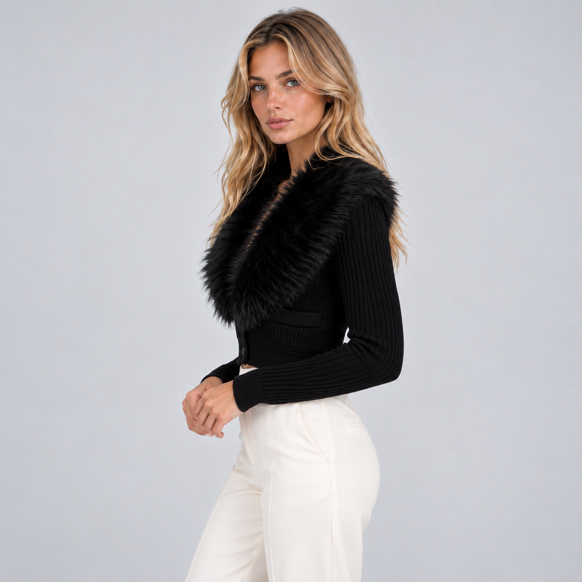 Women's Ribbed Cardigan with Faux Fur Collar — Cropped Knit 3