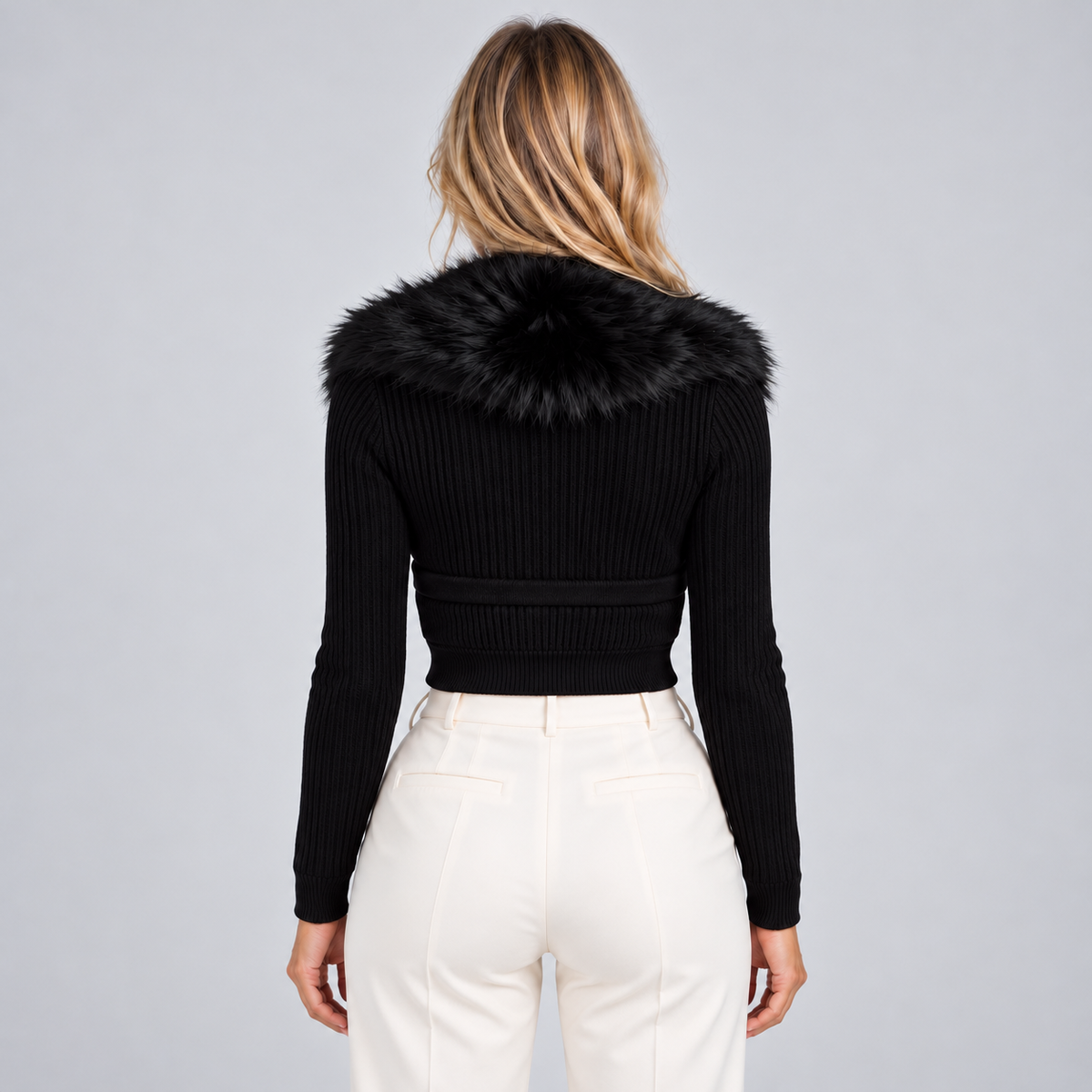 Women's Ribbed Cardigan with Faux Fur Collar — Cropped Knit 4