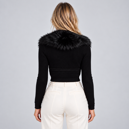 Women's Ribbed Cardigan with Faux Fur Collar — Cropped Knit 4