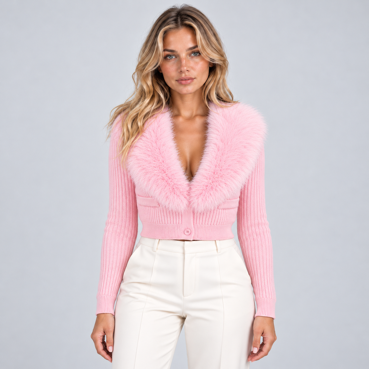 Women's Ribbed Cardigan with Faux Fur Collar — Cropped Knit 2