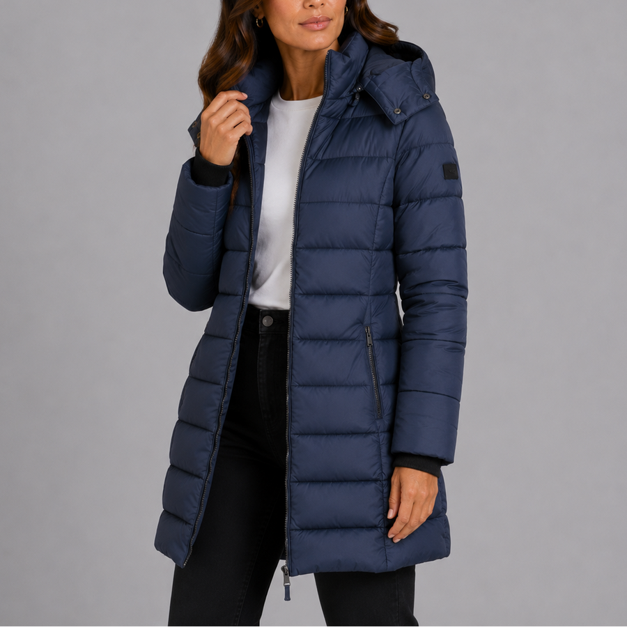 Damen Langer Steppmantel mit Kapuze — Leicht & Warm