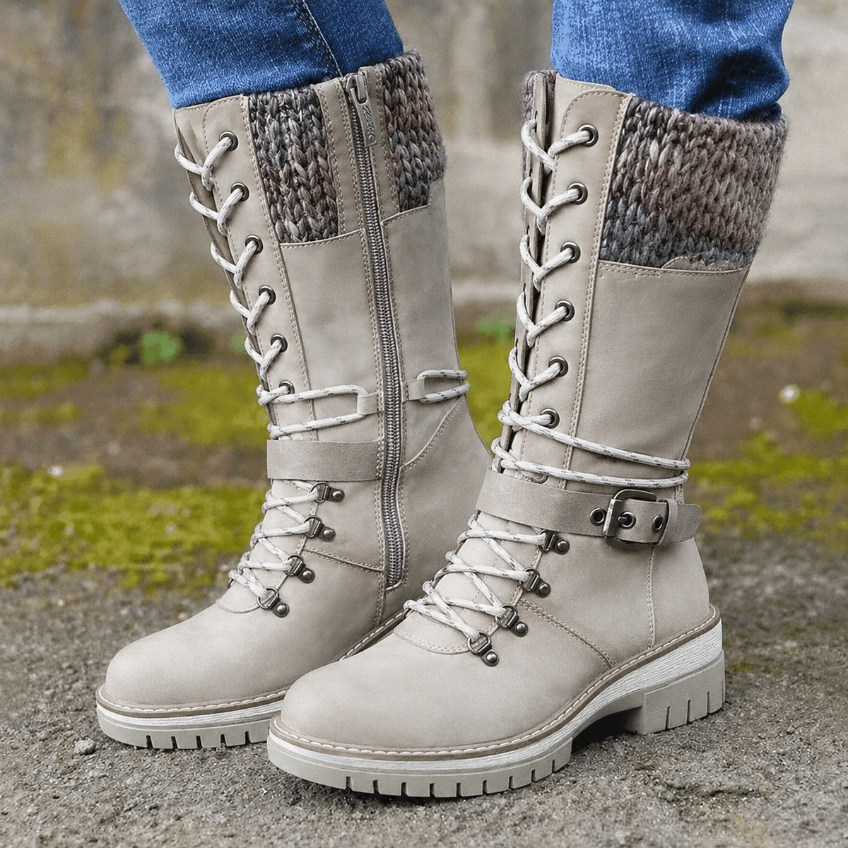 Women's Winter Lace-Up Boots — Knit Cuff Mid-Calf 13