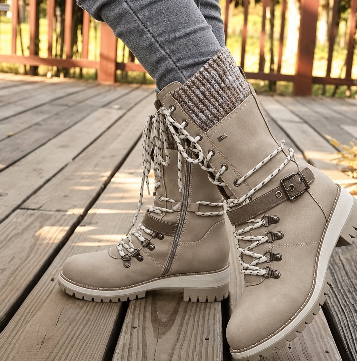 Women's Winter Lace-Up Boots — Knit Cuff Mid-Calf 12