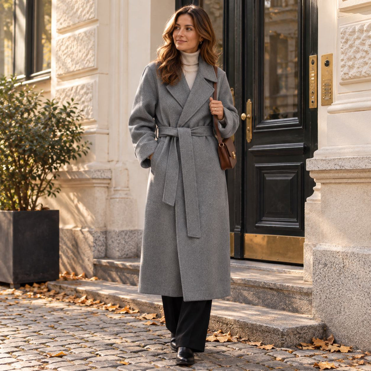 Damenmantel mit Gürtel — Longline Wintermantel Elegant – Grau