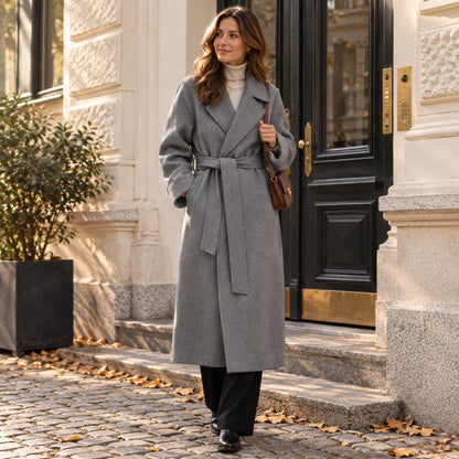 Damenmantel mit Gürtel — Longline Wintermantel Elegant – Grau