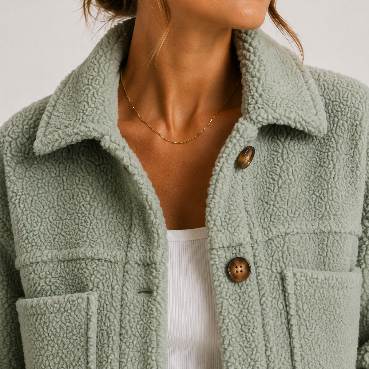 Cropped Sherpa Shacket Women — Teddy Texture Chest Pockets 2