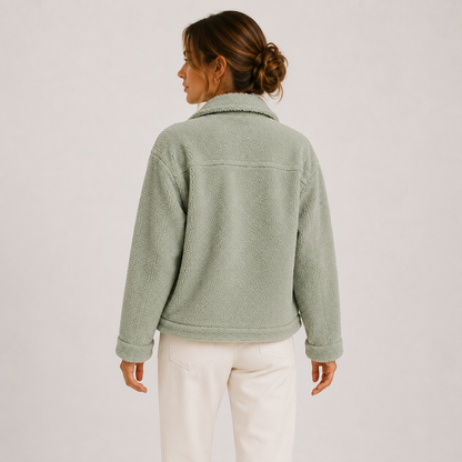 Cropped Sherpa Shacket Women — Teddy Texture Chest Pockets 3